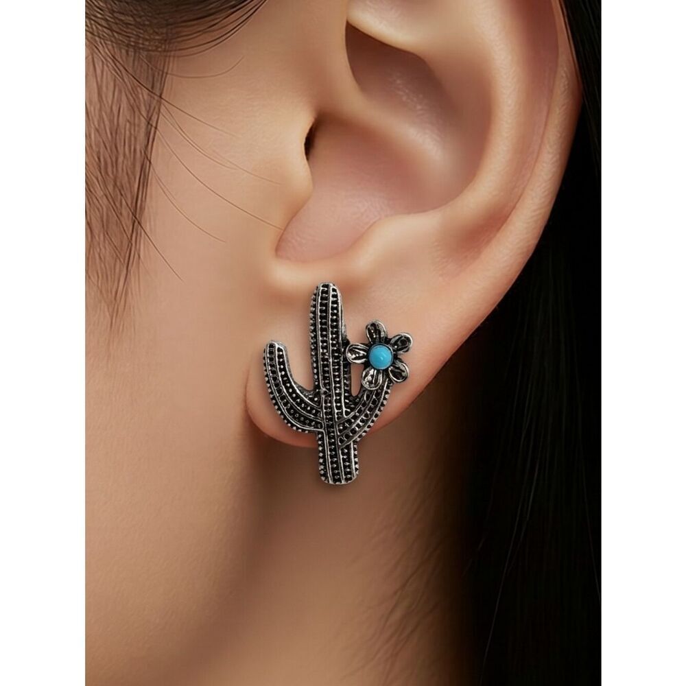 Cactus Earrings Southwestern Boho Western Shaped Pierced Ears Turquoise Jewelry